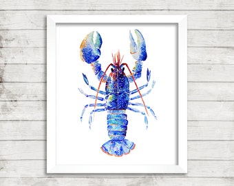 Lobster Watercolor Print. Lobster Art Print.  Blue Lobster. Lobster Illustration. Nautical Print. Coastal Art. Coastal Print.