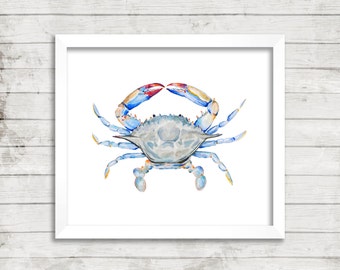 Krab aquarel print. Strandhuis decor. Huisje kunst aan de muur. Krab schilderij. Kust kunst. Nautische kunst.