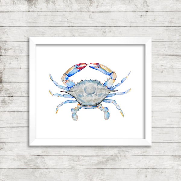 Pode incluir: Uma pintura em aquarela de um caranguejo azul com detalhes vermelhos e amarelos. O caranguejo está olhando para o espectador com suas garras levantadas.