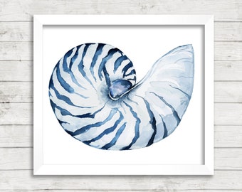 Nautilus Watercolor Print. Nautilus Art Print. Blue Shell. Nautilus Illustration. Nautical Print. Coastal Art. Coastal Print.