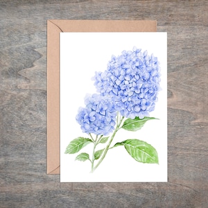 May include: A watercolor painting of a blue hydrangea flower with green leaves on a white background.