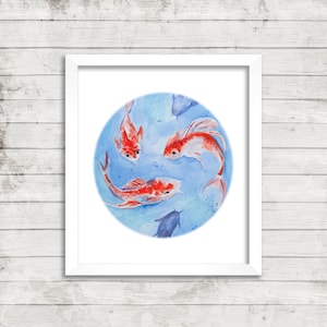 May include: Watercolor painting of four red and white fish swimming in a blue circle. The fish are swimming in different directions and have a white background.
