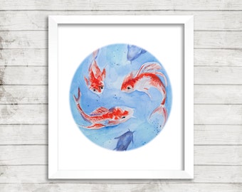 Koi Fish Watercolor Print. Koi Fish Art. Japanese Art. Japanese Decor. Nautical Decor. Peaceful Art.