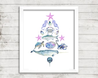 Nautical Christmas Tree, Christmas Tree, Watercolor Nautical Decor, Nautical Decor, Ocean Art, Ocean Painting, Blue and White Tree