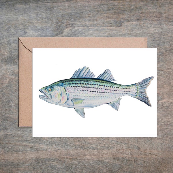 Striped Bass Archival Card. Single card or 4 card set. Blank Card. Fish Art. Fish Print.