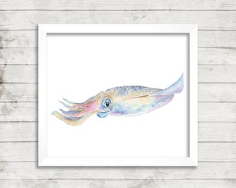 Cuttyhunk Harbor Squid Print. Watercolor Squid Art Print. Fine Art Print. Squid Art. Coastal Decor. Beach Decor.