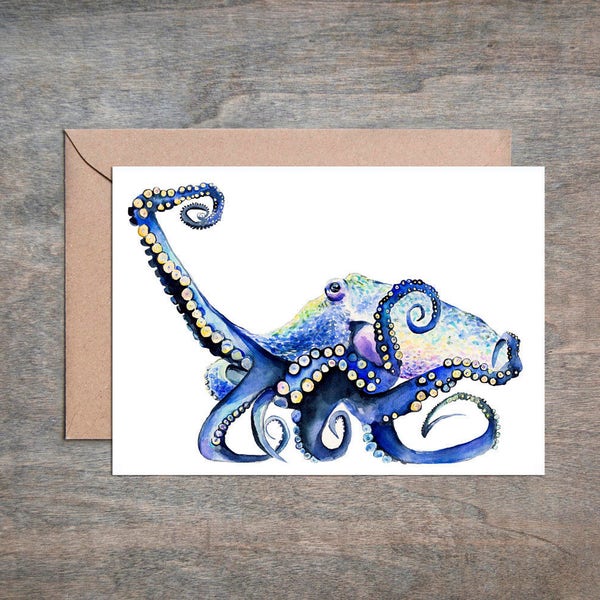 Great Pacific Octopus Archival Card. Single card or 4 card set. Blank Card. Octopus Art. Octopus Print.