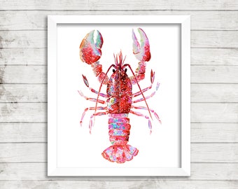 Lobster Watercolor Print, Red Lobster, Lobster Illustration, Nautical Print. Coastal Art. Coastal Print.