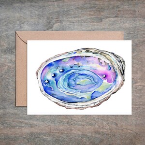 Tarjeta de acuarela con abulón. Tarjeta en blanco. Arte con conchas. Tarjeta colorida. Tarjeta con acuarela. Tarjeta con diseño del océano. Arte costero. Tarjeta de agradecimiento. Tarjeta de boda.