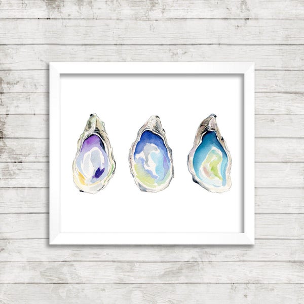 Pode incluir: Três aquarelas de conchas de ostras. As conchas estão abertas e mostram o interior da ostra. As ostras são pintadas em tons de azul, roxo e verde.