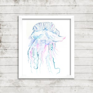 May include: Watercolor painting of a blue, pink, and green Portuguese Man o' War jellyfish with long tentacles.