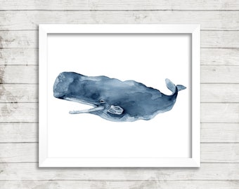 Sperm Whale Watercolor Print. Whale Art. Whale Print. Coastal Decor. Nautical Decor. Nursery Art. Kids Room Art. Coastal Print.