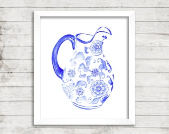 Chinoiserie Blue and White Porcelain Pitcher - Giclée Print. Ming China Vase. Archival Print. Watercolor Art.