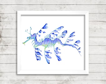 Leafy Sea Dragon Print. Beach House Decor. Cottage Wall Art. Dragon Painting. Coastal Art. Nautical Art.