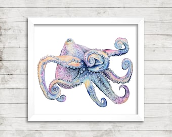 New Octopus Painting, Octopus Art, Octopus Watercolor, Ocean Art, Ocean Watercolor, Coastal Print, Coastal Watercolor