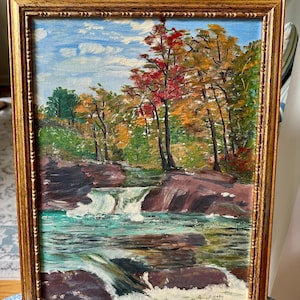 Vintage Original Oil Painting Fall Landscape/Fall Leaves/River Stream/One of a Kind Art/Signed Painting/Framed 14x18/Unique Gift