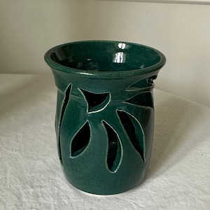 Vintage Green Glazed Pottery Luminaire with Leaf Shaped Cutouts