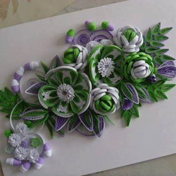 Green White Quilling Paper Wall Art Handmade Flowers Svg Decor for Nursery Girl Gift Wall Hanging Decoration