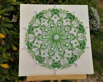 Mandala Unique 3d Paper Art, Framed Paper Symbol, Geometric Green White Quilled Mandala, Birthday Wedding Gift, 9.84 Inches Wall Decor