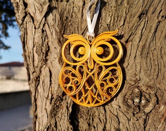 Paper Gold Metallic Owl Ornament, Unique Quilled Owl Gift, Home Decor, Handmade Quilling Ornament, Owl Lover Gift, Birthday, Anniversary