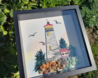 Quilled Lighthouse on Rocky Island, Handmade Paper Art, Framed Quilled Design, Home Decor, Anniversary Birthday Gift, Nautical Wall Decor