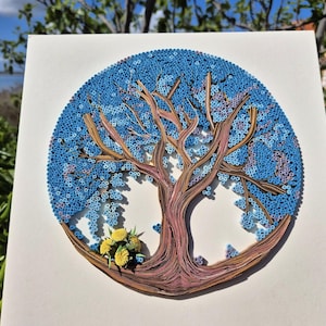 Arte dell'albero della vita con quilling di carta, albero di carta blu, decorazione da parete in carta con cornice, arte quilling fatta a mano, regalo unico per inaugurazione della casa, matrimonio
