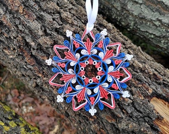 Red Blue White Paper Mandala, Quilled Paper Ornament, USA 3D Geometric Mandala, 4th of July Hanging Decor, Unique Patrotic Gift, Paper Art