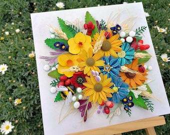 Decorazioni floreali 3D in carta quilling, quadri botanici da parete con cornice, fiori fatti a mano.
