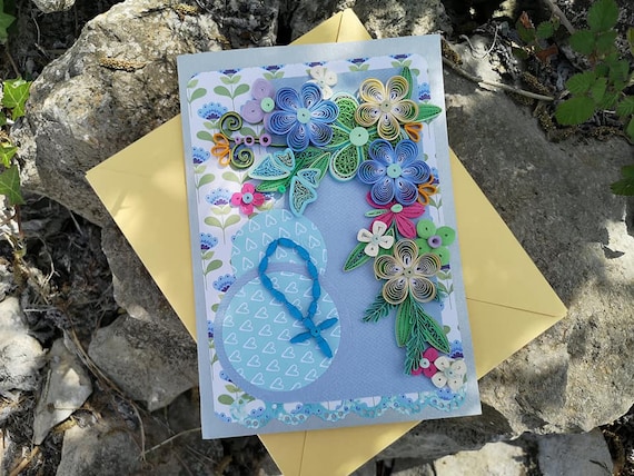 Quilled Paper Card, Handmade Floral Rosary Design, Unique Anniversary Card, Birthday, Wedding