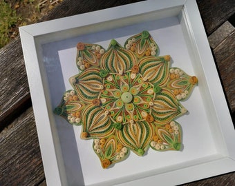 Yellow Green Paper Mandala, Quilled Mandala Wall Art, Paper Framed Decor, 3D Floral Mandala, Picture Living Gift, Handmade Unique Gift