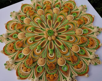 Yellow & Green Quilled Paper Mandala Wall Art, Handmade Framed Decor, Geometric Home Decoration