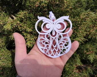 Christmas Owl Paper Quilled Tree Ornament, White Xmas Decoration, Unique Holiday Gift