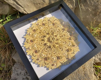 Gold Yellow Paper Mandala, Mandala Quilled Wall Decor, Unique Home Ornament, Meditation Family Gift, Geometric Wall Art, Framed Handmade Art