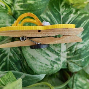 Op de afbeelding: Een gele flip-flop magneet bevestigd aan een houten wasknijper.