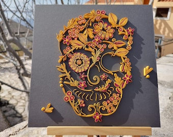 Quilled Sugar Skull Wall Art, Handmade Paper Floral Anatomy, Day of the Dead Decor