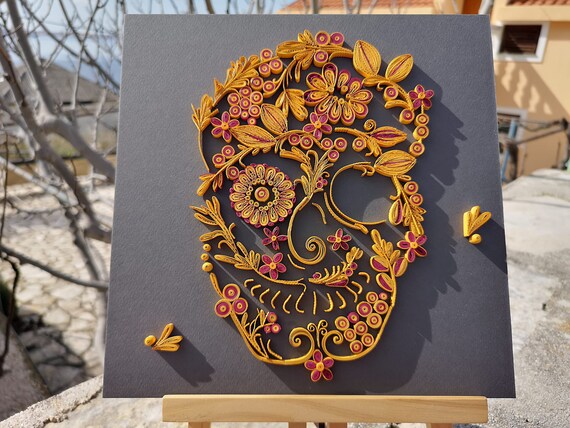 Quilled Sugar Skull Wall Art, Handmade Paper Floral Anatomy, Day of the Dead Decor