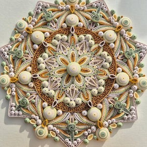 Handmade Quilled Paper Mandala Art – Green, Yellow, Beige 8.66 Inch Diameter