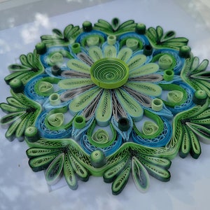 May include: A green, blue, and gray paper quilling mandala with a floral design. The mandala is framed and has a white background.