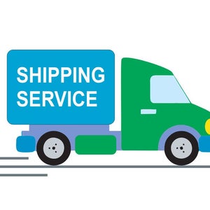 May include: A green delivery truck with a blue box on the back that says "SHIPPING SERVICE". The truck is driving on a white background.