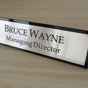 Personalised Desk Name Plate, Custom Engraved Desk Sign, Office Plaque, Executive Office Sign. Silver Brushed