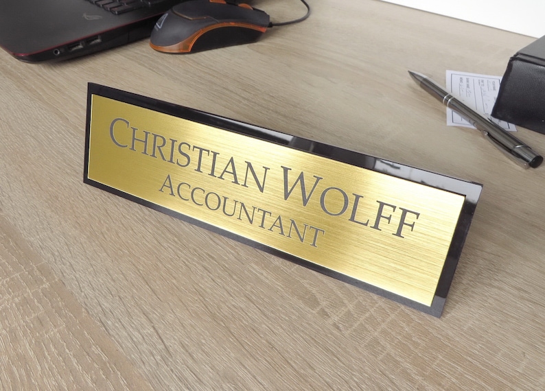 Personalised Desk Name Plate, Custom Engraved Desk Sign, Office Plaque, Executive Office Sign. Gold Brushed