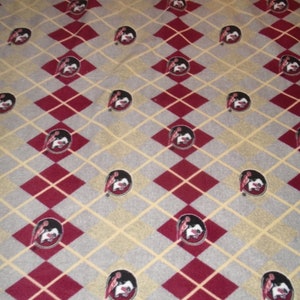 May include: A gray and burgundy fleece blanket with a repeating pattern of a college mascot logo. The logo is a white alligator with a basketball in its mouth.