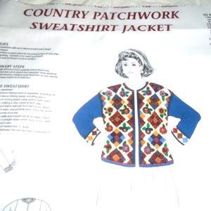 May include: A sewing pattern for a country patchwork sweatshirt jacket. The pattern includes instructions for making the jacket, as well as a diagram of the finished product. The pattern is printed on white fabric with red and black text.