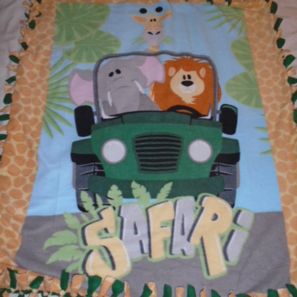 Jungle Safari Elephant Lion & Giraffe Zoo Animal Double Sided Hand Tied Rag Blanket~ New