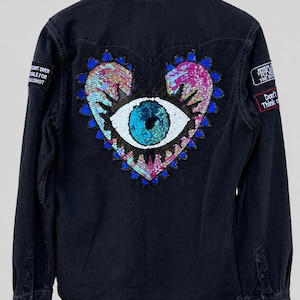 Upcycled Wrangler Pearl Snap Shirt Black Western Shirt Evil Eye Sequin Heart Medium Festival Fashion Boho Western