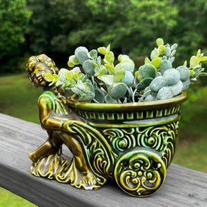 Vintage Green Ceramic Lady Planter, Cottagecore Planter, English Cottage Decor, Whimsical Succulent Pot, Grandmillennial Decor