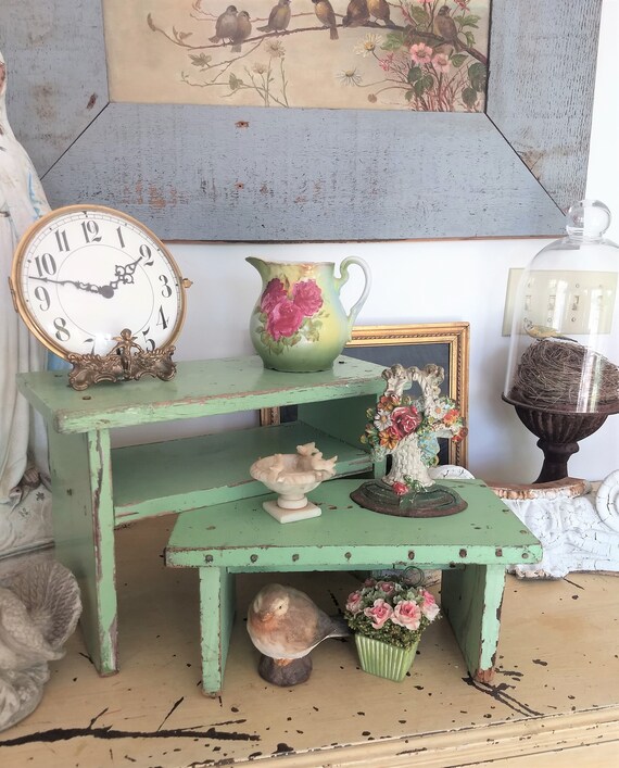 Pair 2 Color Vintage Green Step Stools Benches Painted Etsy
