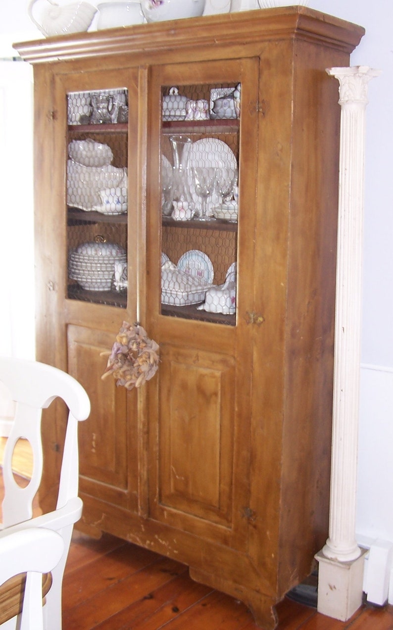 SALE 1700's French Armoire With Chicken Wire Hutch, Cupboard, Shabby