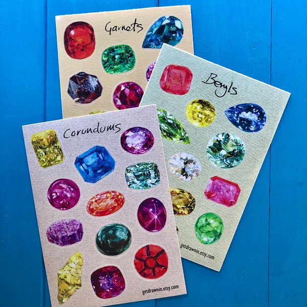 Gemstone sticker sheets, pick and mix any 6  of the mineral families, beryl, garnet, and corundum (ruby and sapphire)