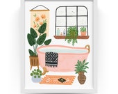 Serene Bathroom Bathtub Art Print Boho Home Decor Gouache Illustrated Art Print Whimsical Home Decor Wall Art Made In Canada